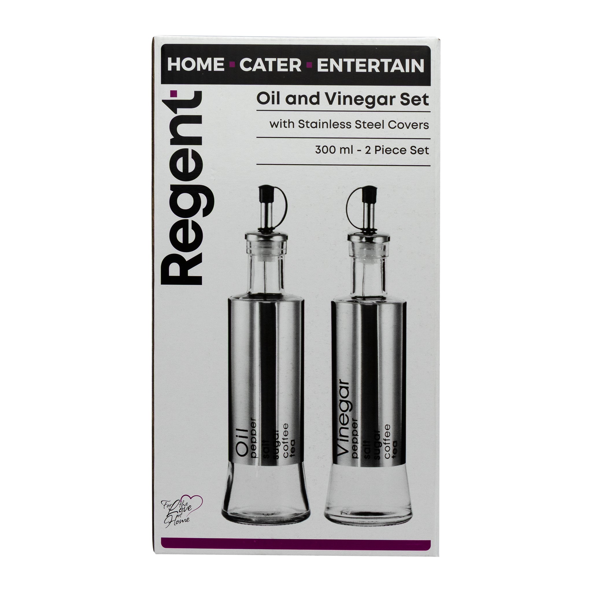 REGENT GLASS OIL & VINEGAR BOTTLES WITH ST STEEL COVERS 2PCS SET, 300ML