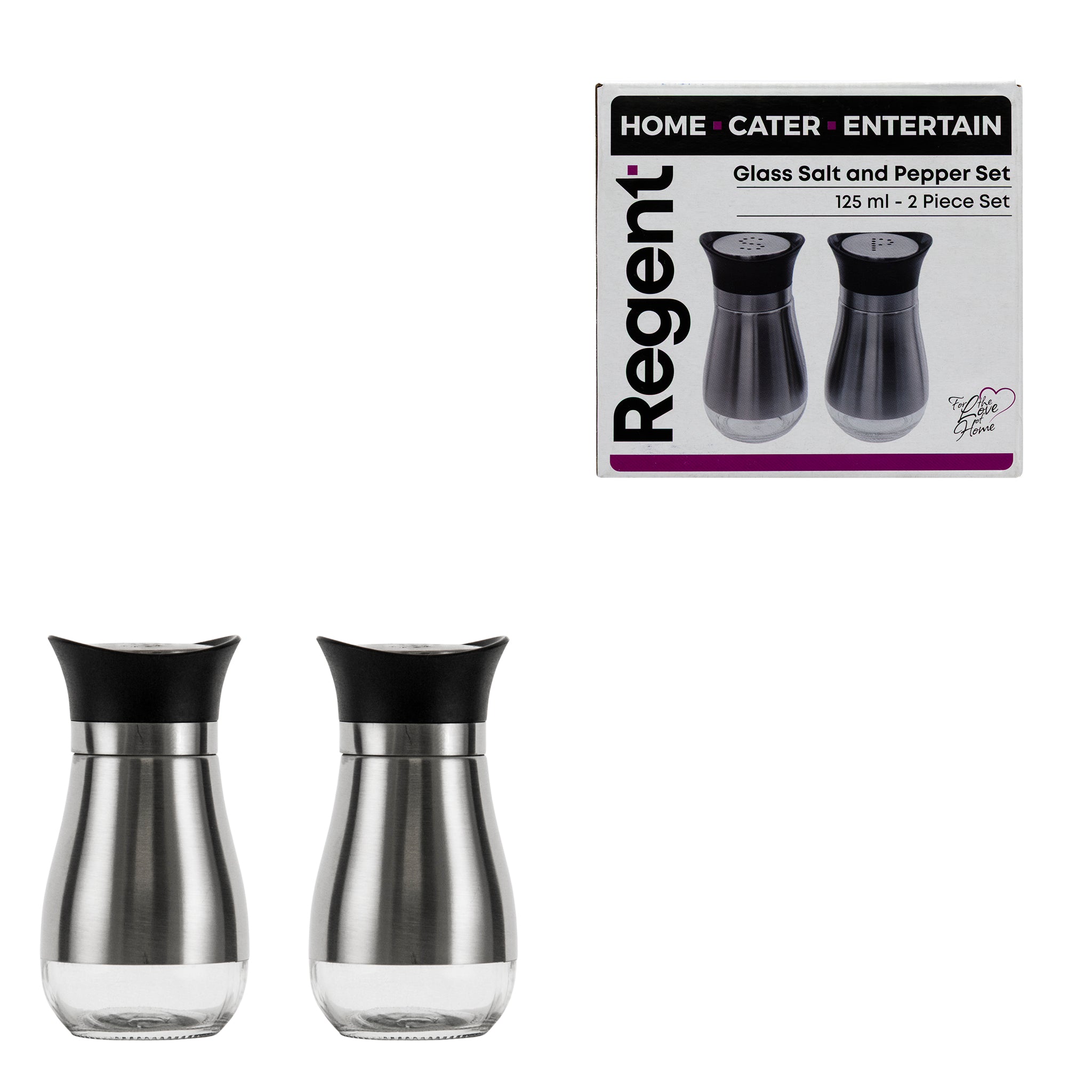 REGENT GLASS SALT & PEPPER SHAKERS WITH ST STEEL COVERS 2PCS SET, 125ML