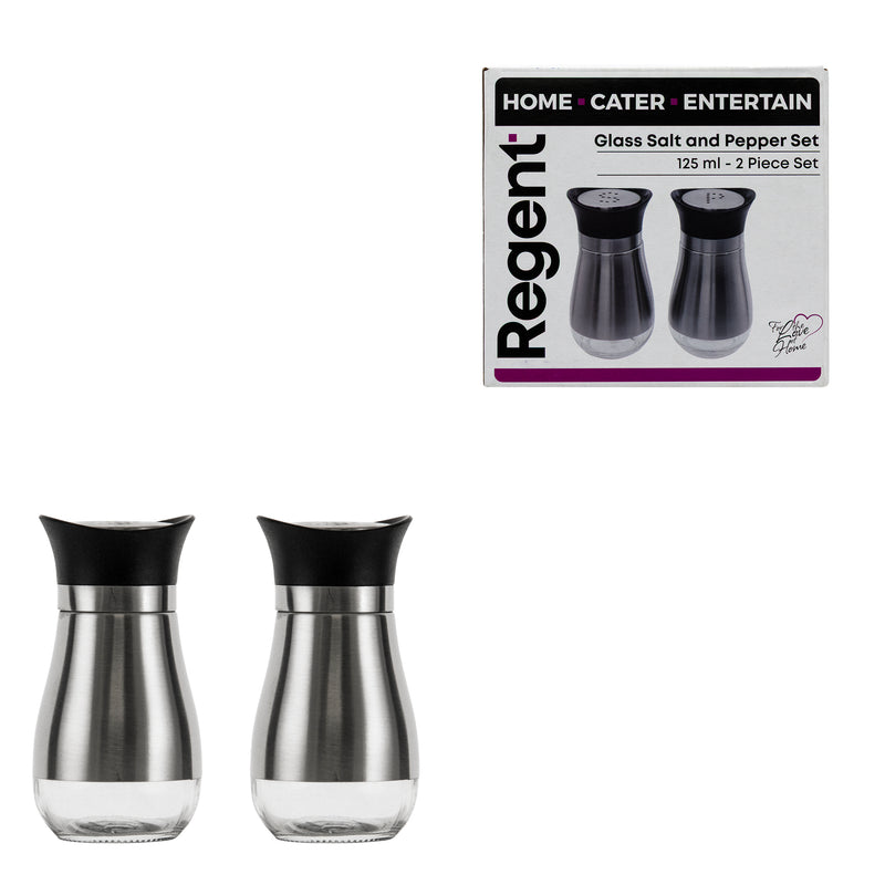 REGENT GLASS SALT & PEPPER SET WITH ST STEEL COVERS 2PK SET, 125ML
