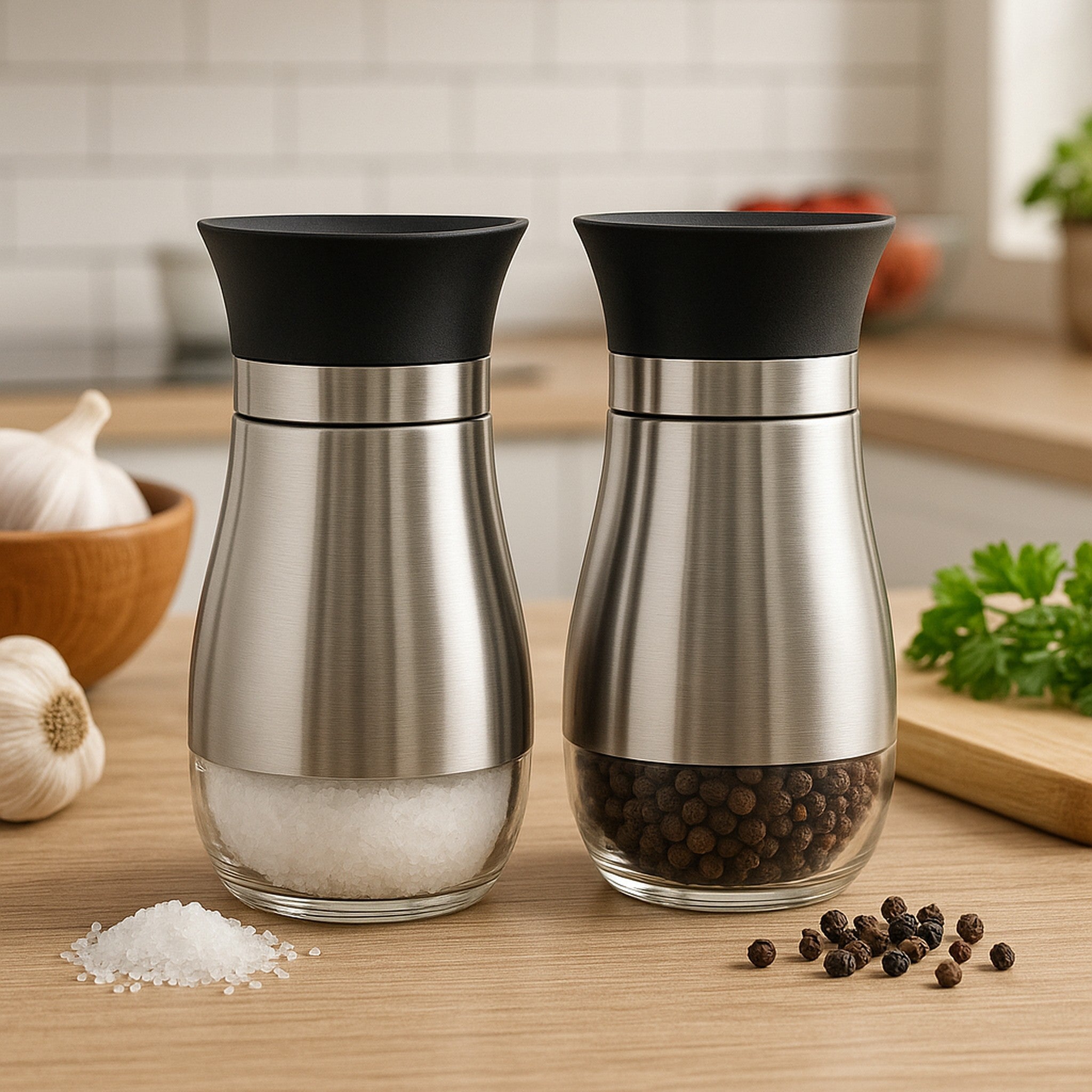REGENT GLASS SALT & PEPPER SHAKERS WITH ST STEEL COVERS 2PCS SET, 125ML