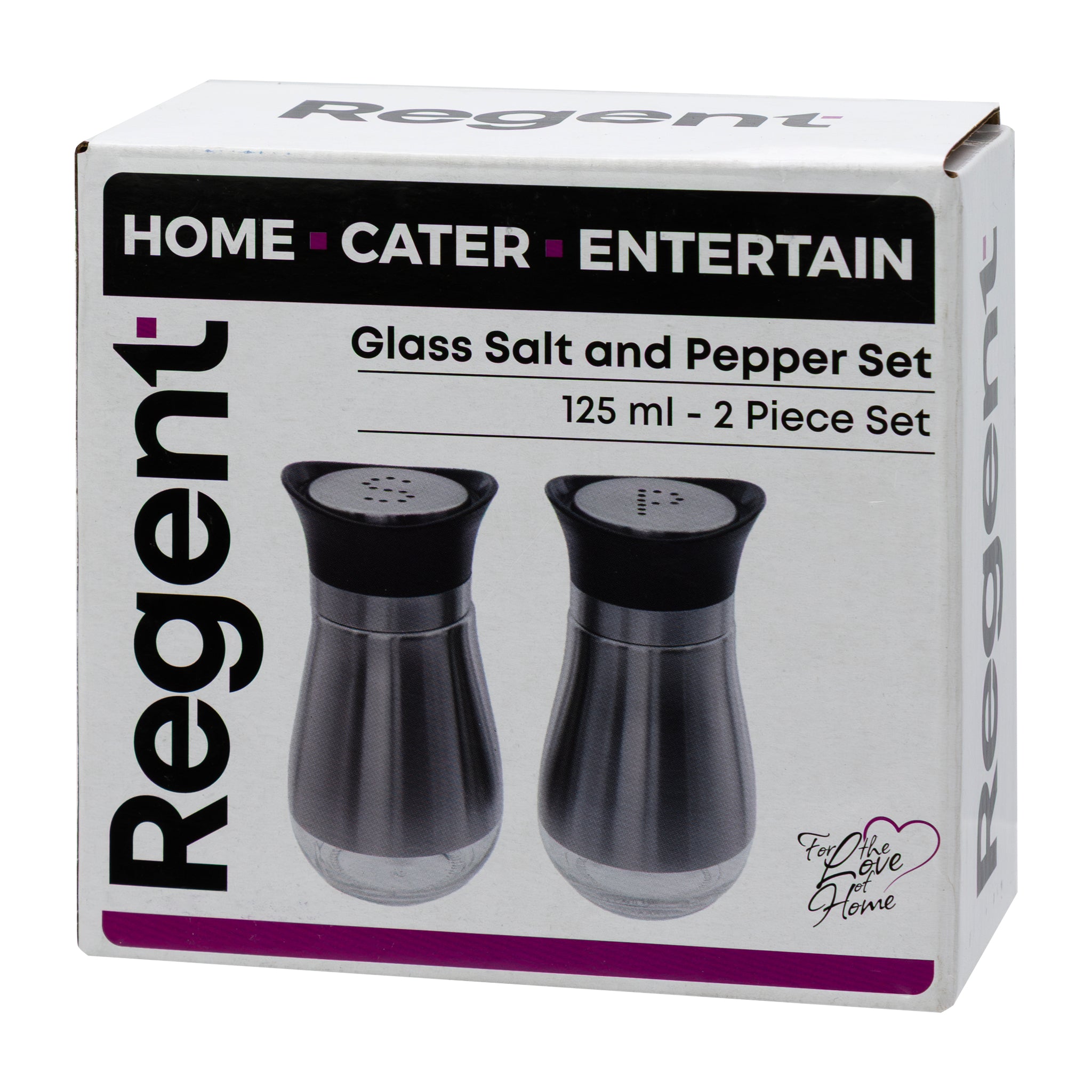 REGENT GLASS SALT & PEPPER SHAKERS WITH ST STEEL COVERS 2PCS SET, 125ML