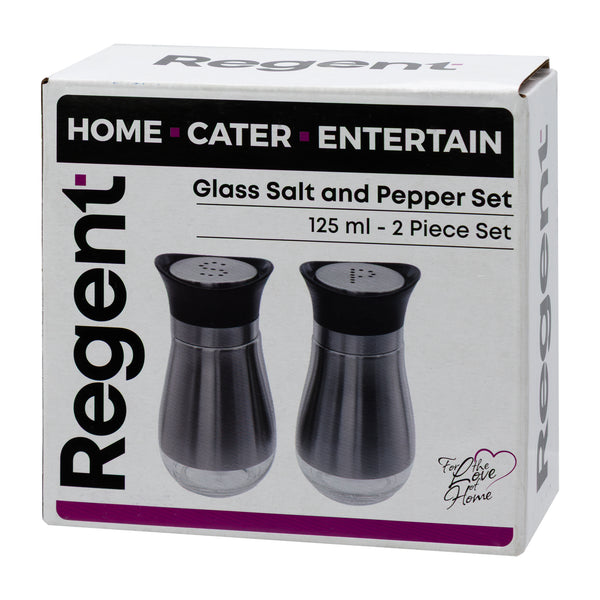 REGENT GLASS SALT & PEPPER SET WITH ST STEEL COVERS 2PK SET, 125ML