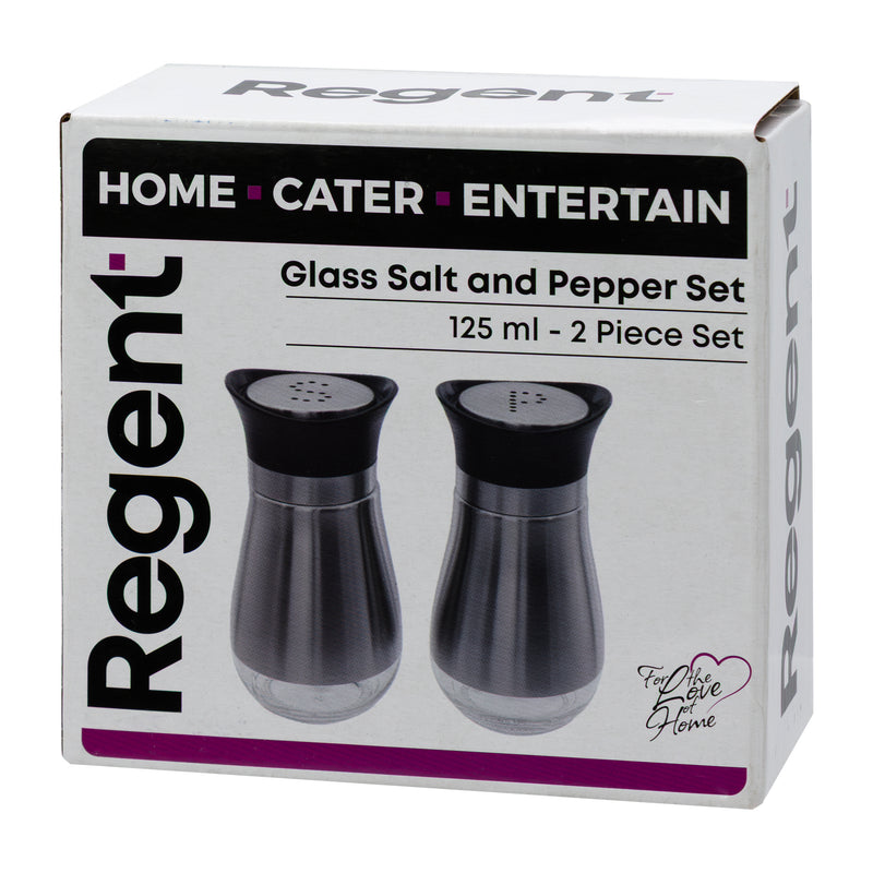 REGENT GLASS SALT & PEPPER SET WITH ST STEEL COVERS 2PK SET, 125ML