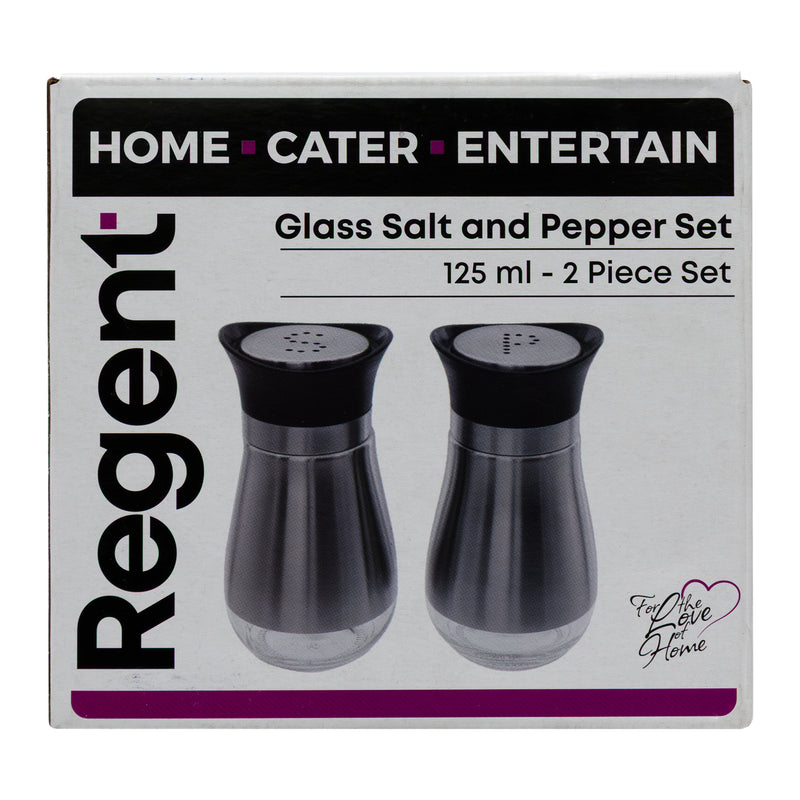 REGENT GLASS SALT & PEPPER SET WITH ST STEEL COVERS 2PK SET, 125ML