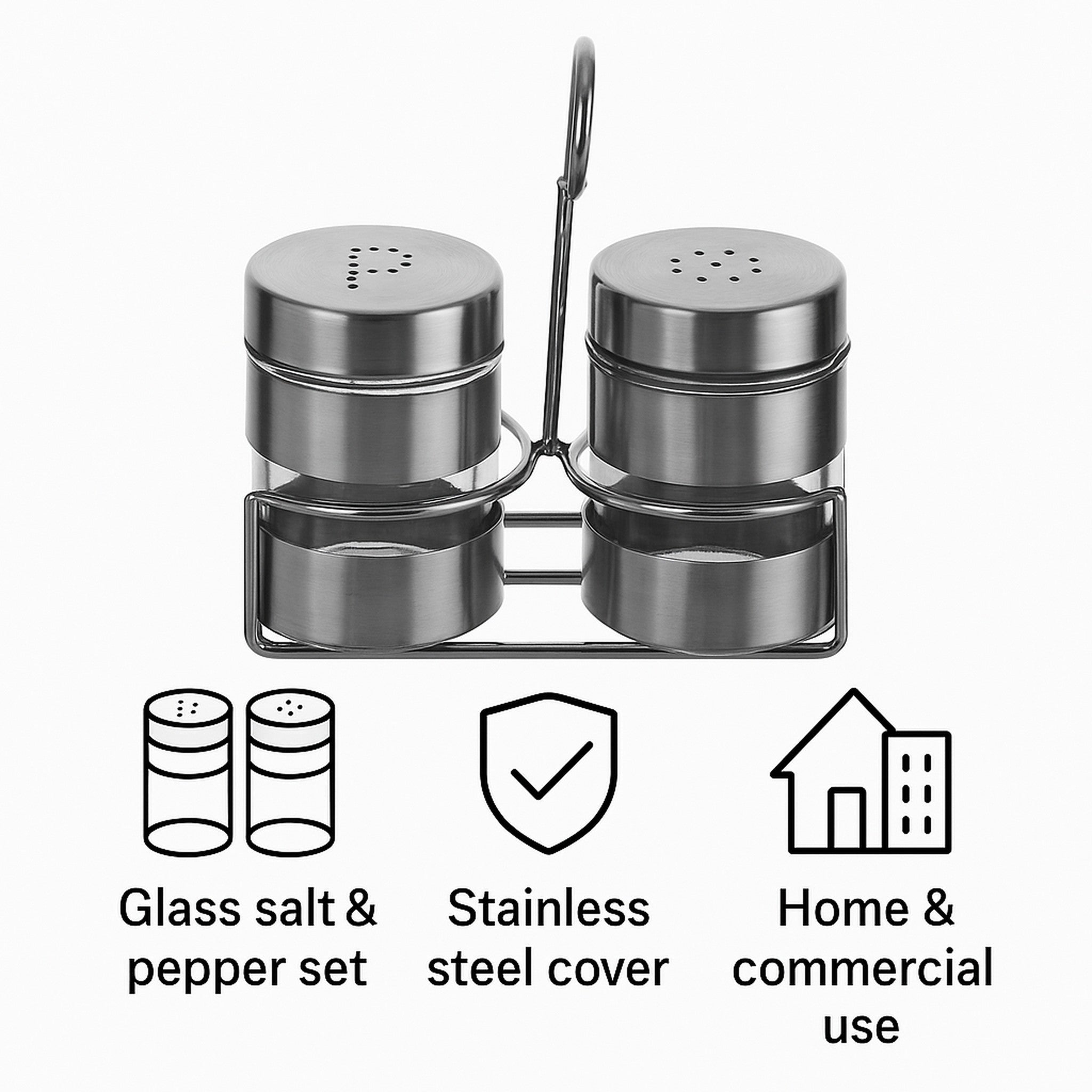 REGENT GLASS SALT & PEPPER SHAKERS WITH ST STEEL COVERS AND STAND 3 PCS SET, 85ML