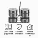 REGENT GLASS SALT & PEPPER SET WITH ST STEEL COVERS WITH STAND 3PK SET, 85ML