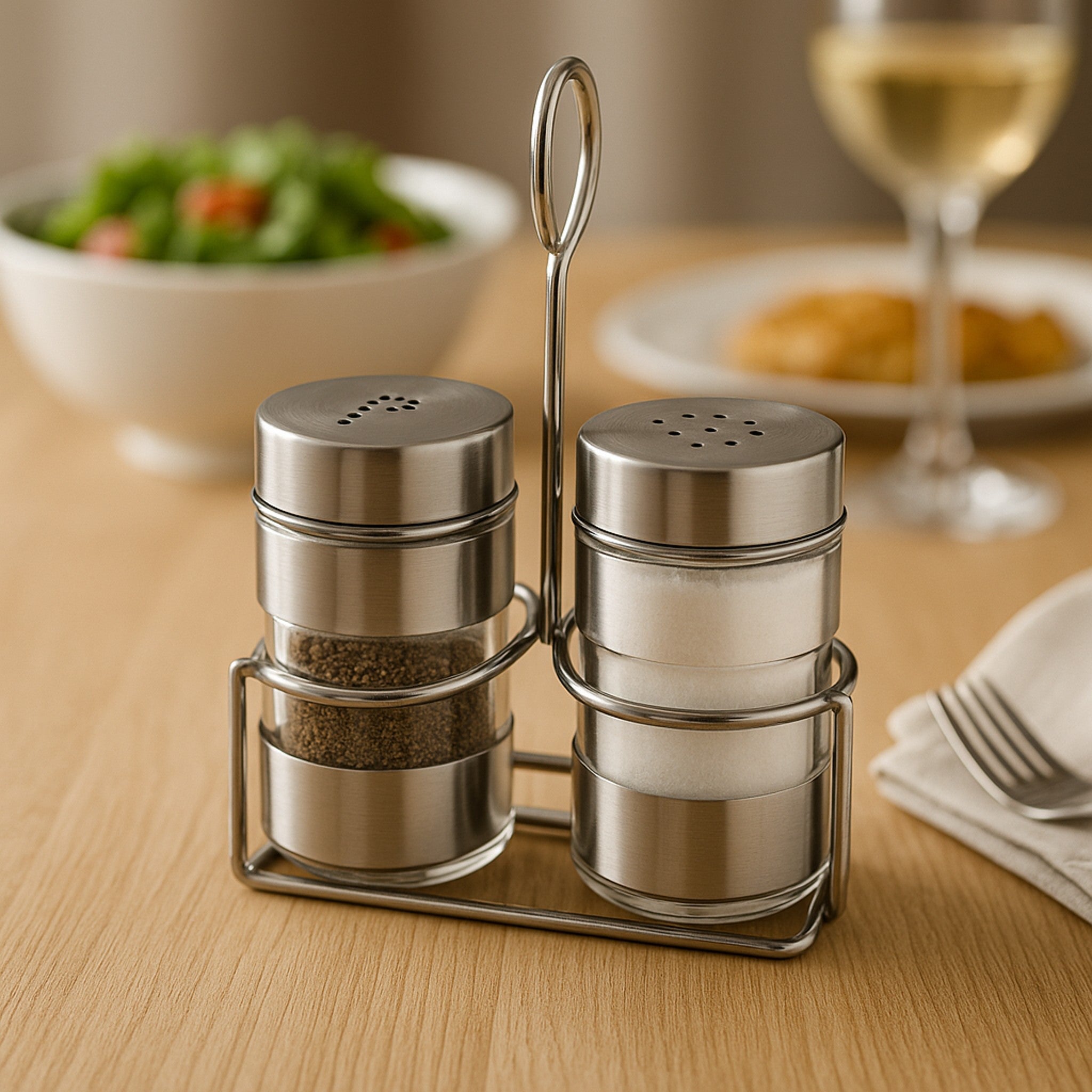 REGENT GLASS SALT & PEPPER SHAKERS WITH ST STEEL COVERS AND STAND 3 PCS SET, 85ML