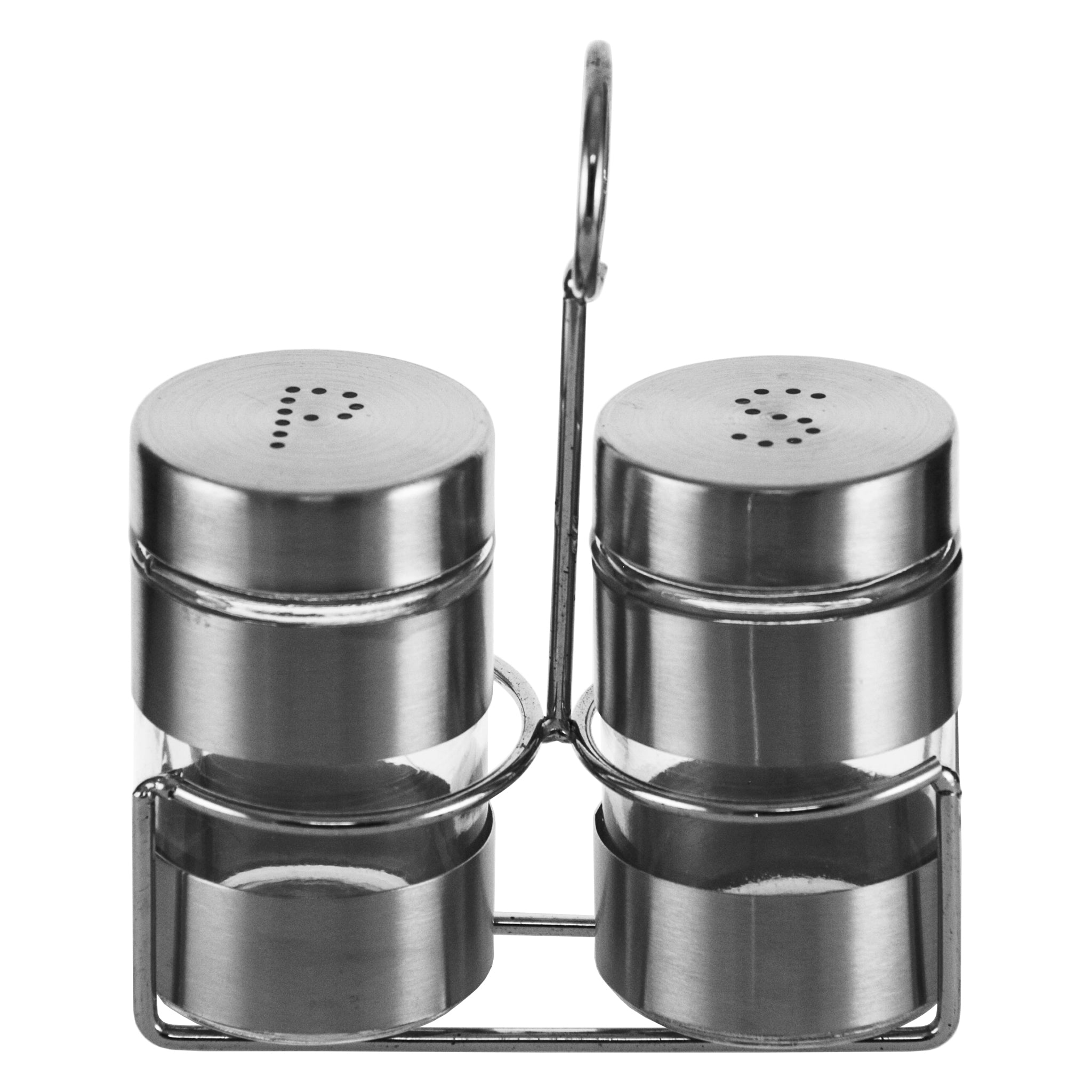 REGENT GLASS SALT & PEPPER SHAKERS WITH ST STEEL COVERS AND STAND 3 PCS SET, 85ML