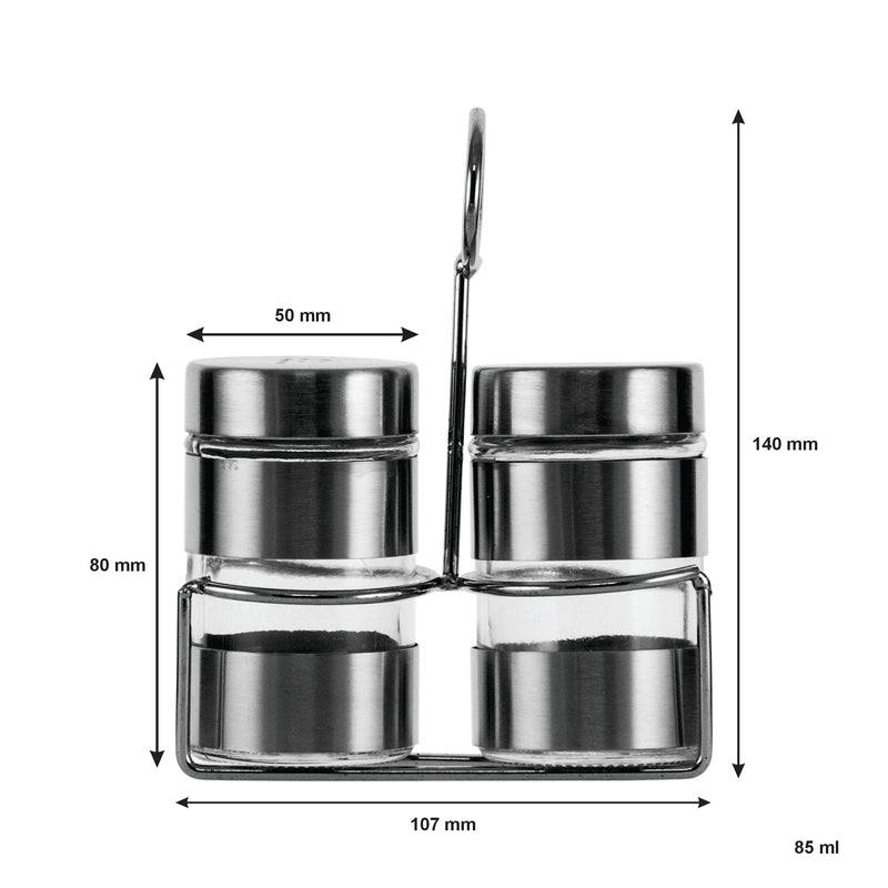 REGENT GLASS SALT & PEPPER SET WITH ST STEEL COVERS WITH STAND 3 PIECES, 85ML (140X107X56MM)