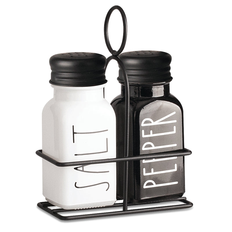 REGENT GLASS BLACK AND WHITE SALT & PEPPER SHAKERS IN A BLACK CADDY