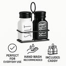 REGENT GLASS BLACK AND WHITE SALT & PEPPER SHAKERS IN A BLACK CADDY 3PCS SET