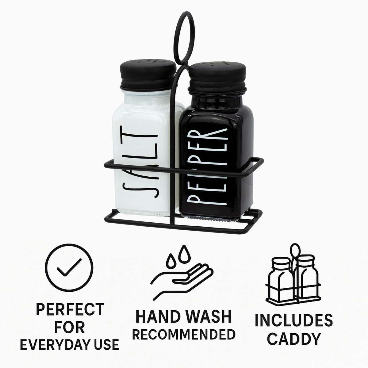 REGENT GLASS BLACK AND WHITE SALT & PEPPER SHAKERS IN A BLACK CADDY 3PCS SET, 85ML
