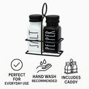 REGENT GLASS BLACK AND WHITE SALT & PEPPER SHAKERS IN A BLACK CADDY 3PCS SET