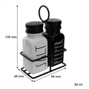 REGENT GLASS BLACK AND WHITE SALT & PEPPER SHAKERS IN A BLACK CADDY