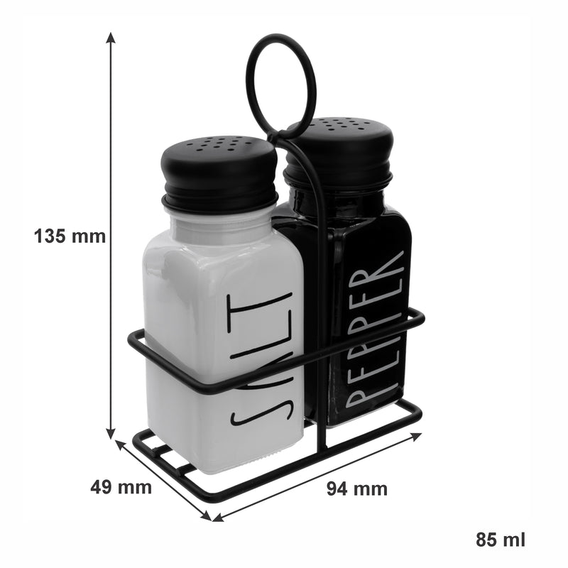 REGENT GLASS BLACK AND WHITE SALT & PEPPER SHAKERS IN A BLACK CADDY