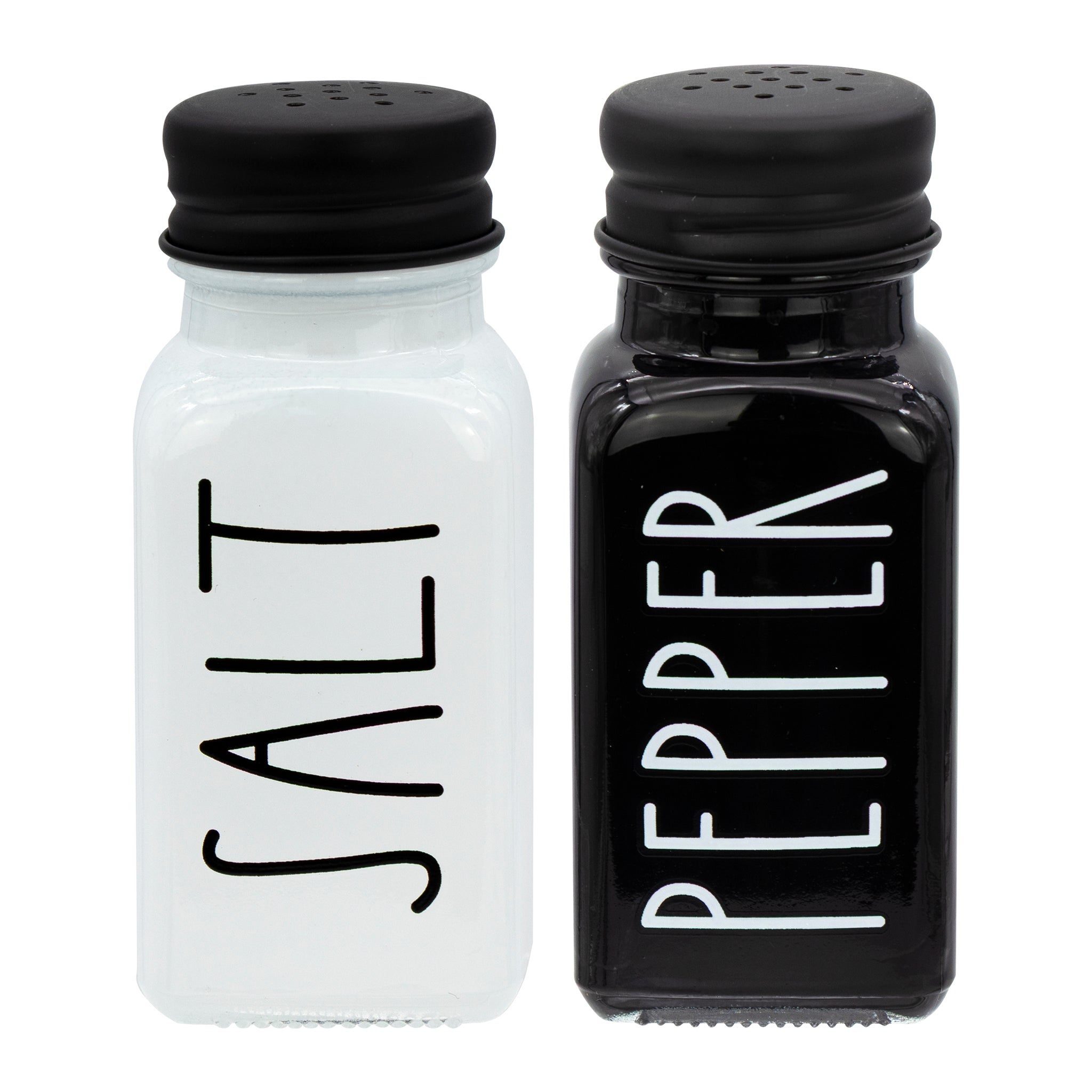REGENT GLASS BLACK AND WHITE SALT & PEPPER SHAKERS IN A BLACK CADDY 3PCS SET, 85ML