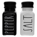 REGENT GLASS BLACK AND WHITE SALT & PEPPER SHAKERS IN A BLACK CADDY