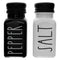 REGENT GLASS BLACK AND WHITE SALT & PEPPER SHAKERS IN A BLACK CADDY