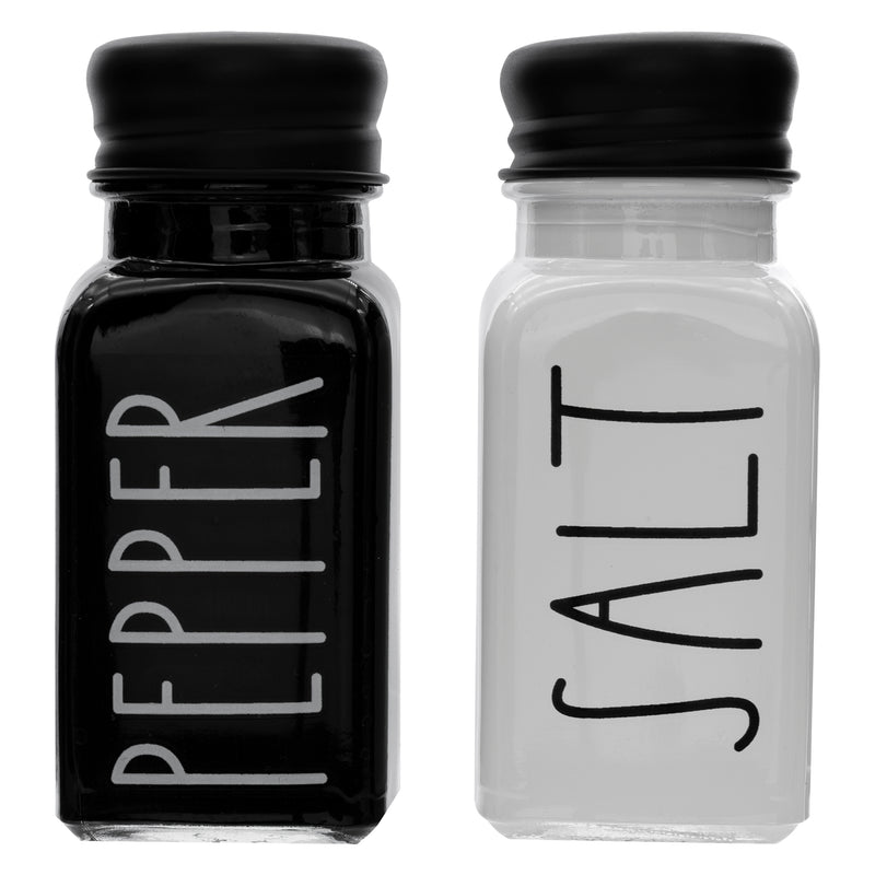 REGENT GLASS BLACK AND WHITE SALT & PEPPER SHAKERS IN A BLACK CADDY