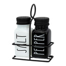 REGENT GLASS BLACK AND WHITE SALT & PEPPER SHAKERS IN A BLACK CADDY 3PCS SET
