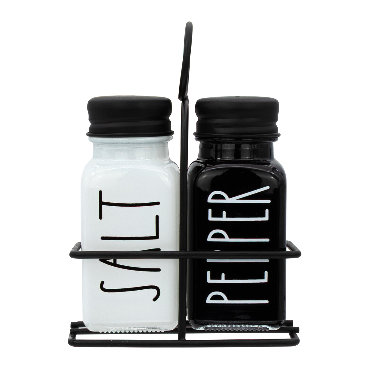 REGENT GLASS BLACK AND WHITE SALT & PEPPER SHAKERS IN A BLACK CADDY 3PCS SET, 85ML
