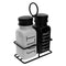 REGENT GLASS BLACK AND WHITE SALT & PEPPER SHAKERS IN A BLACK CADDY