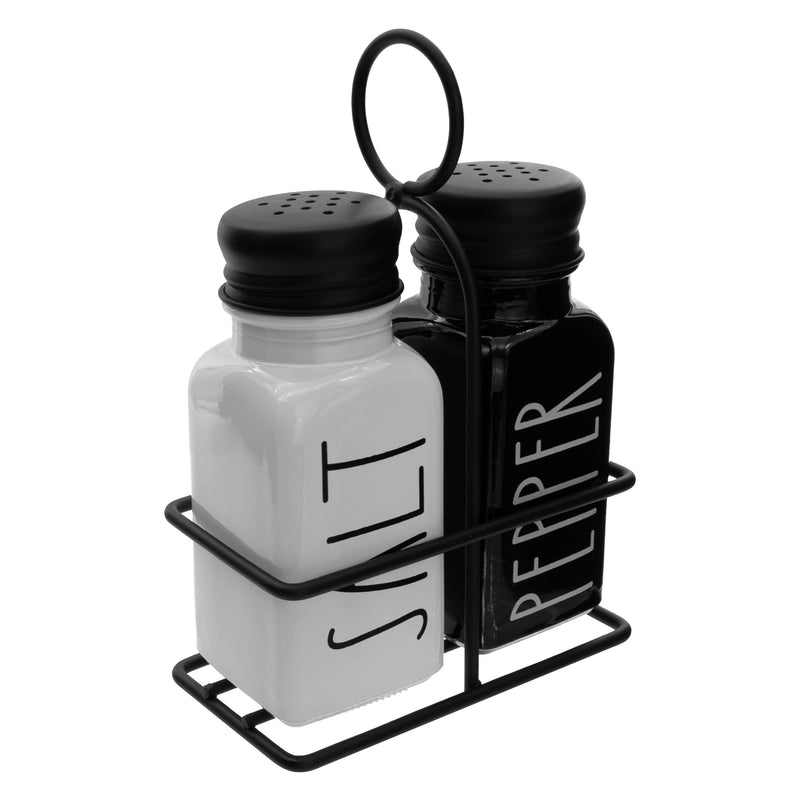 REGENT GLASS BLACK AND WHITE SALT & PEPPER SHAKERS IN A BLACK CADDY
