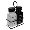 REGENT GLASS BLACK AND WHITE SALT & PEPPER SHAKERS IN A BLACK CADDY