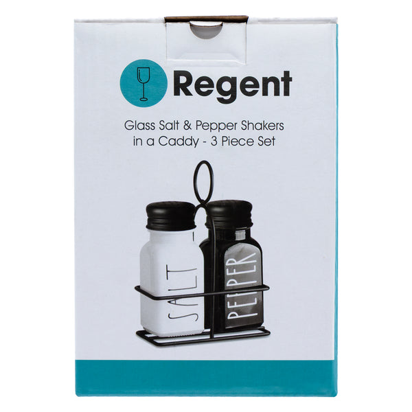 REGENT GLASS BLACK AND WHITE SALT & PEPPER SHAKERS IN A BLACK CADDY