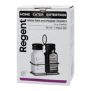 REGENT GLASS BLACK AND WHITE SALT & PEPPER SHAKERS IN A BLACK CADDY 3PCS SET