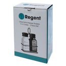 REGENT GLASS BLACK AND WHITE SALT & PEPPER SHAKERS IN A BLACK CADDY