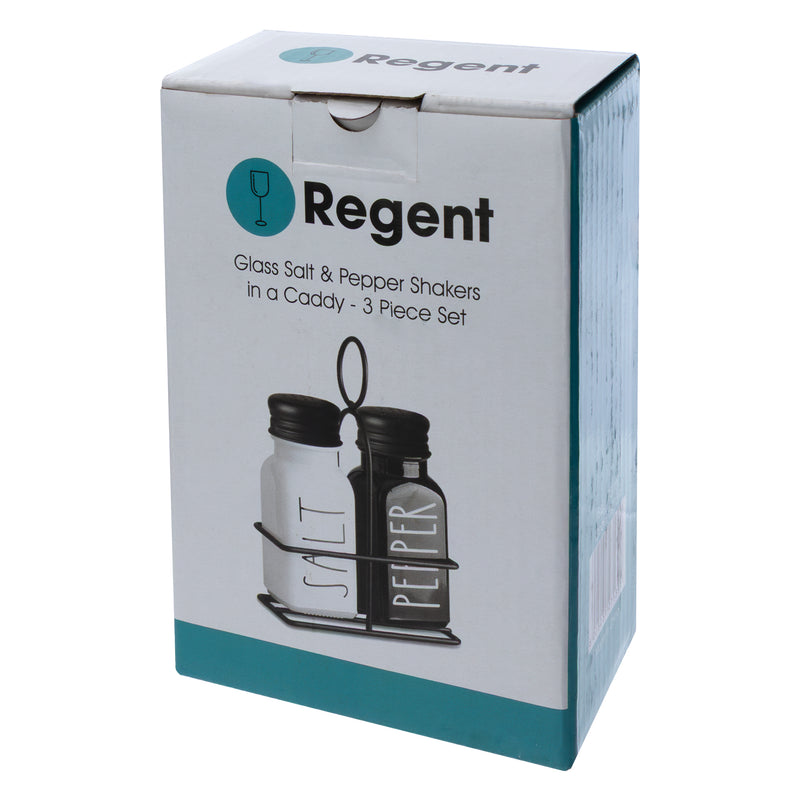 REGENT GLASS BLACK AND WHITE SALT & PEPPER SHAKERS IN A BLACK CADDY