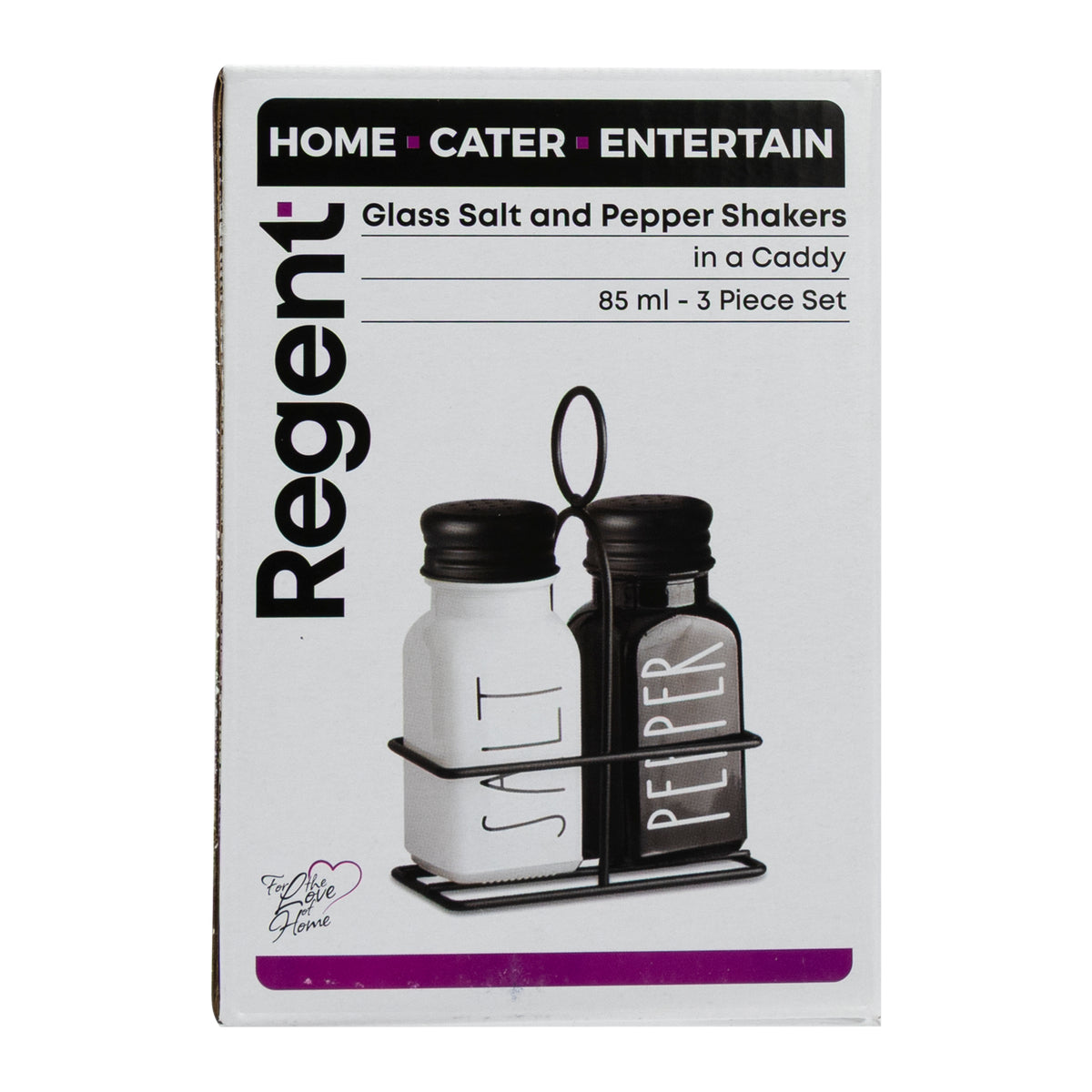 REGENT GLASS BLACK AND WHITE SALT & PEPPER SHAKERS IN A BLACK CADDY 3PCS SET, 85ML
