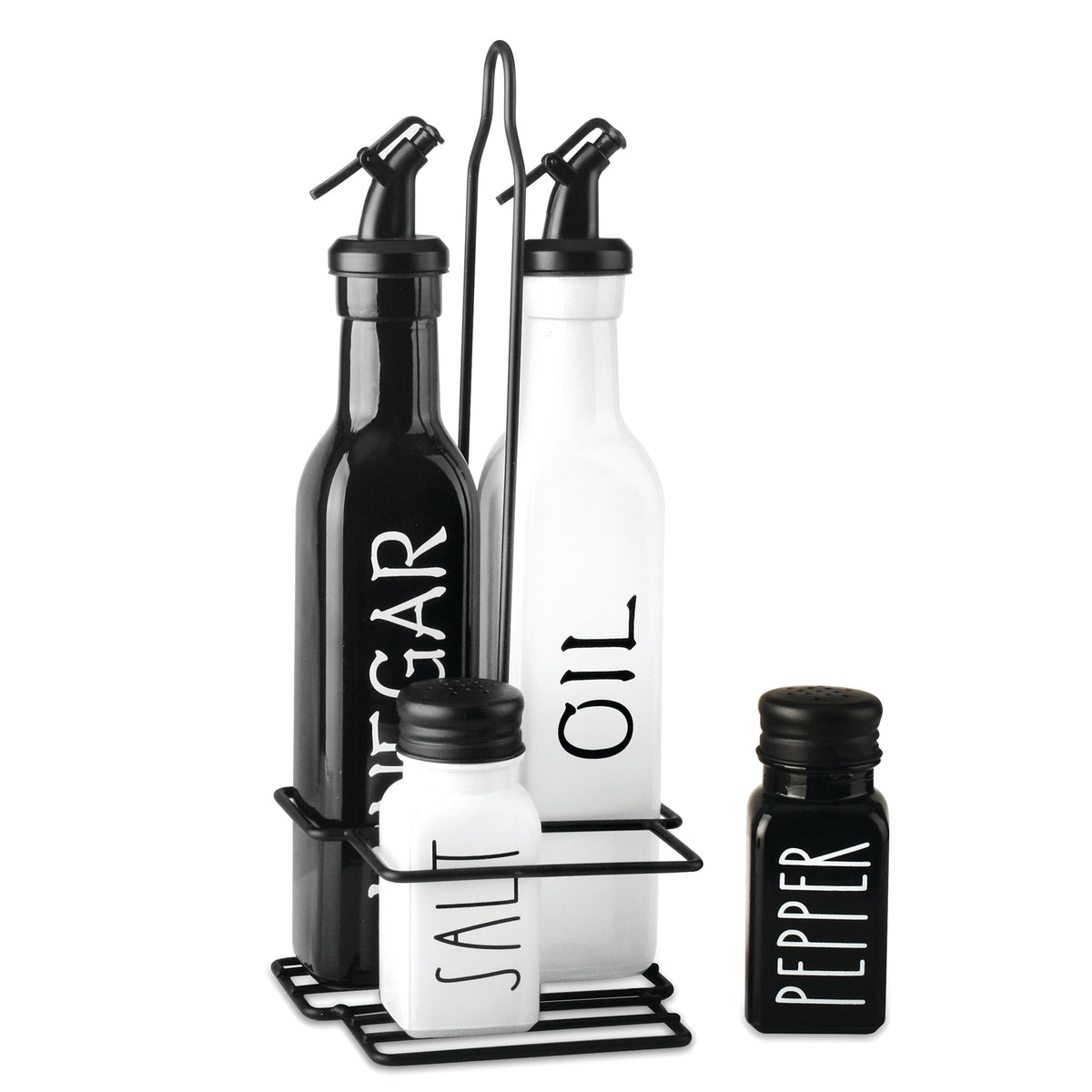 REGENT GLASS BLACK AND WHITE O,V, S & P IN A CADDY 5PCS SET, 250ML l 85ML