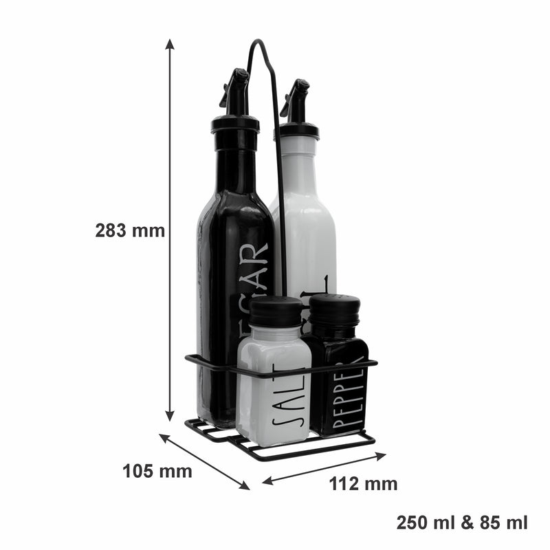 REGENT GLASS BLACK AND WHITE CONDIMENT SET IN A CADDY 5 PIECES, (250ML/85ML)