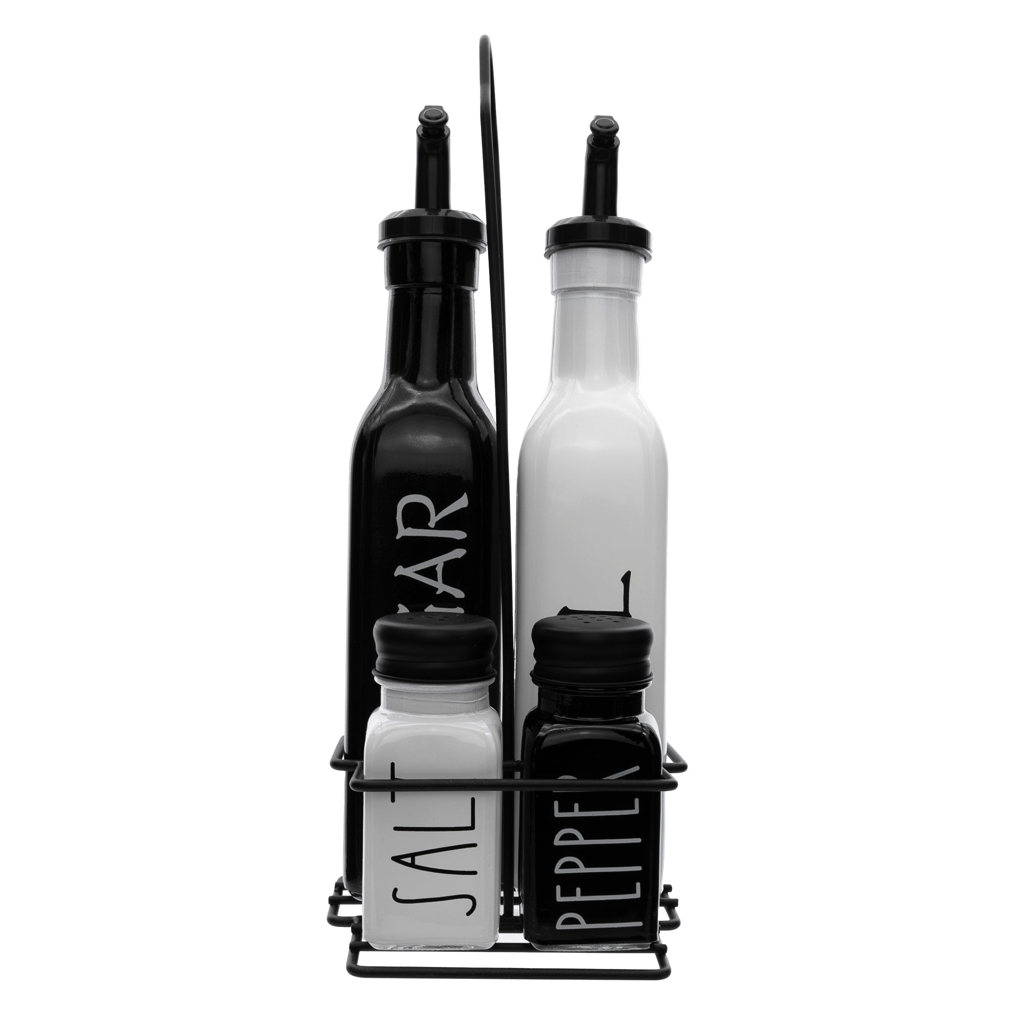 REGENT GLASS BLACK AND WHITE O,V, S & P IN A CADDY 5PCS SET, 250ML l 85ML