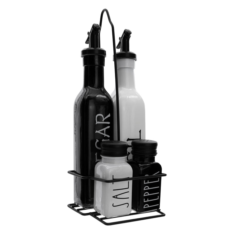 REGENT GLASS BLACK AND WHITE CONDIMENT SET IN A CADDY 5 PIECES, (250ML/85ML)
