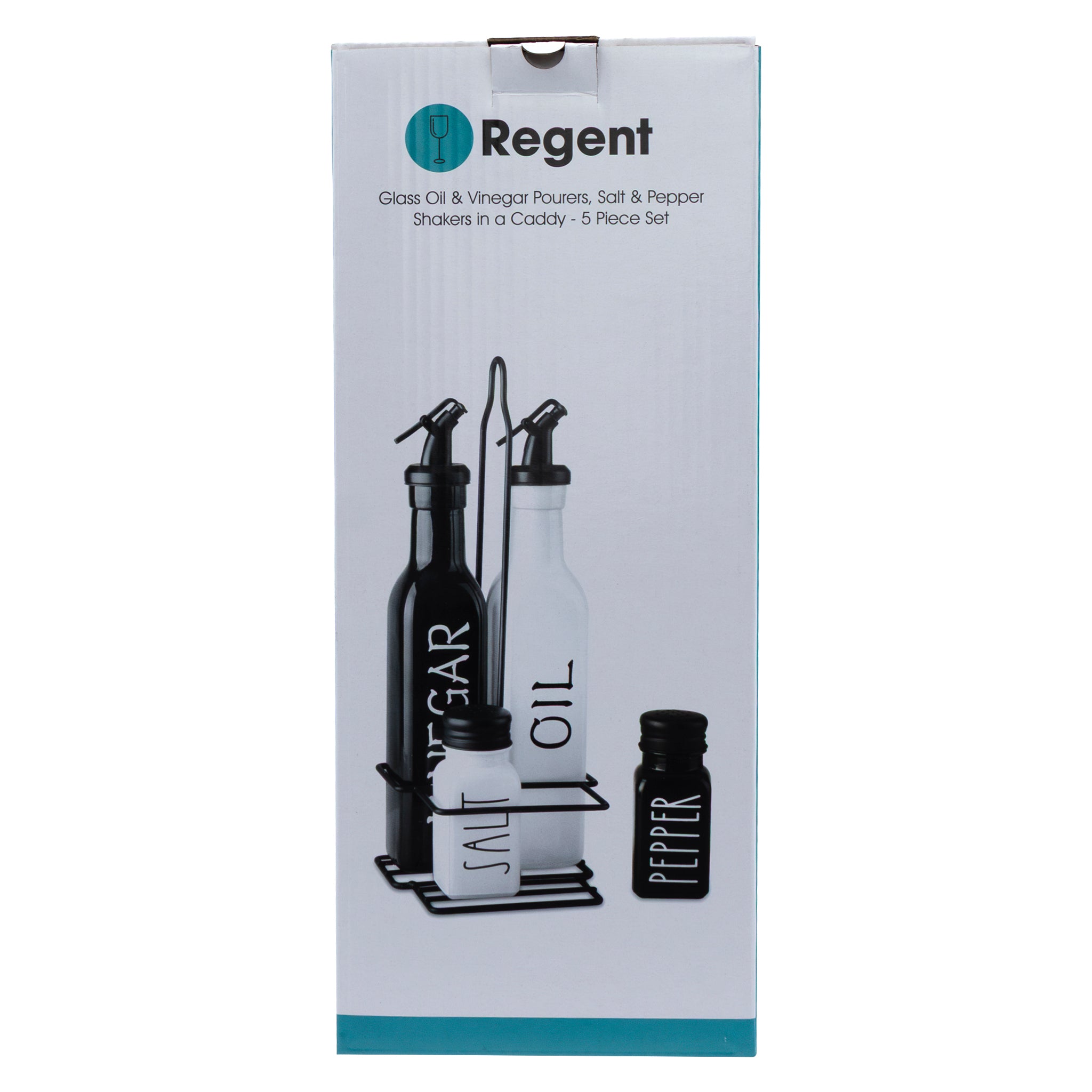 REGENT GLASS BLACK AND WHITE O,V, S & P IN A CADDY 5PCS SET, 250ML l 85ML