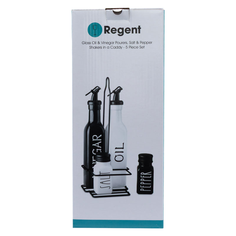 REGENT GLASS BLACK AND WHITE CONDIMENT SET IN A CADDY 5 PIECES, (250ML/85ML)