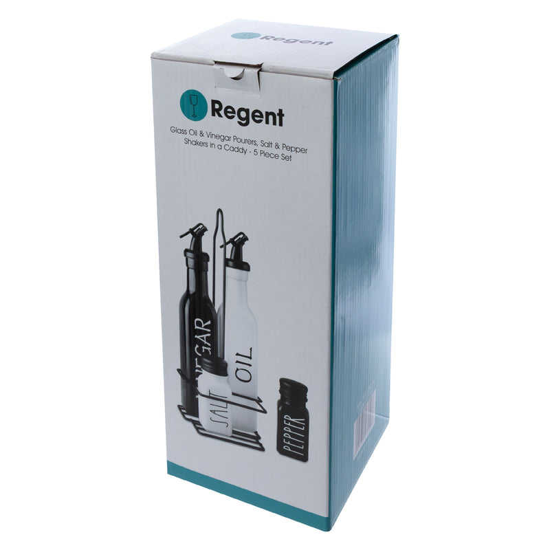 REGENT GLASS BLACK AND WHITE CONDIMENT SET IN A CADDY 5 PIECES, (250ML/85ML)