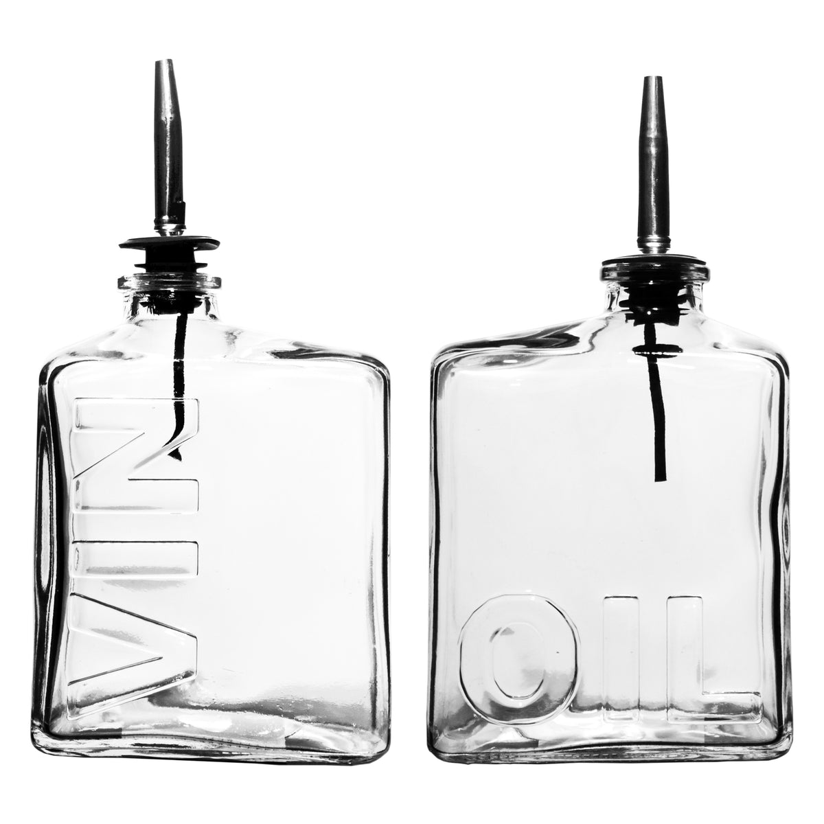 REGENT GLASS SQUARE EMBOSSED 'OIL' & 'VIN' BOTTLES WITH POURERS 2PCS SET, 450ML
