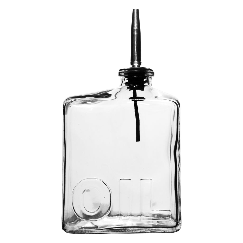 REGENT GLASS SQUARE BOTTLE EMBOSSED 'OIL'  WITH POURER EA, 450ML