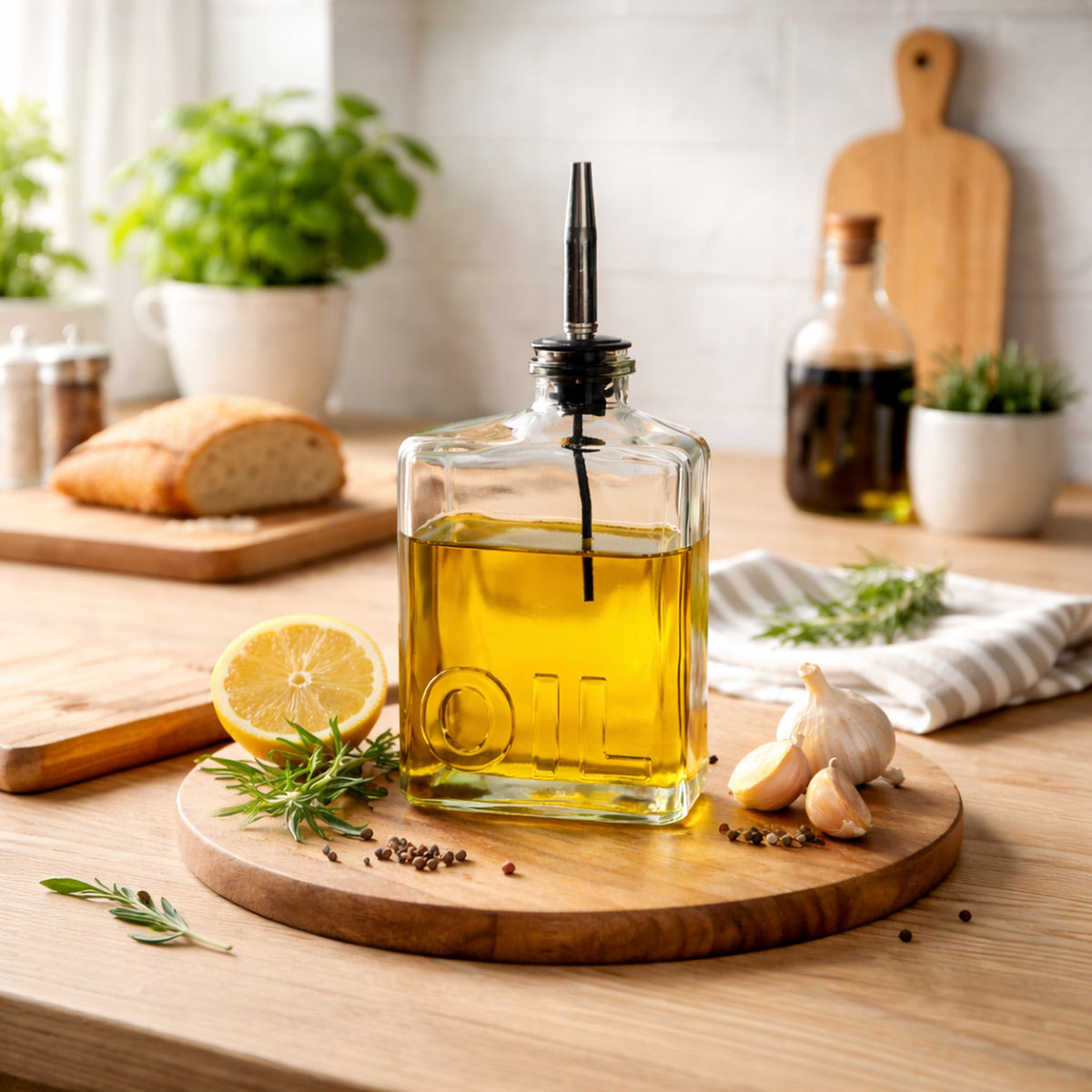 REGENT GLASS SQUARE BOTTLE EMBOSSED 'OIL'  WITH POURER EA, 450ML