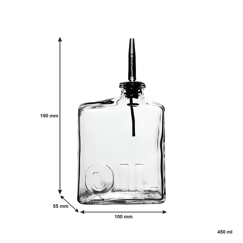 REGENT GLASS RECT. OIL BOTTLE EMBOSSED 'OIL'  WITH POURER EA, 450ML (190X100X55MM)