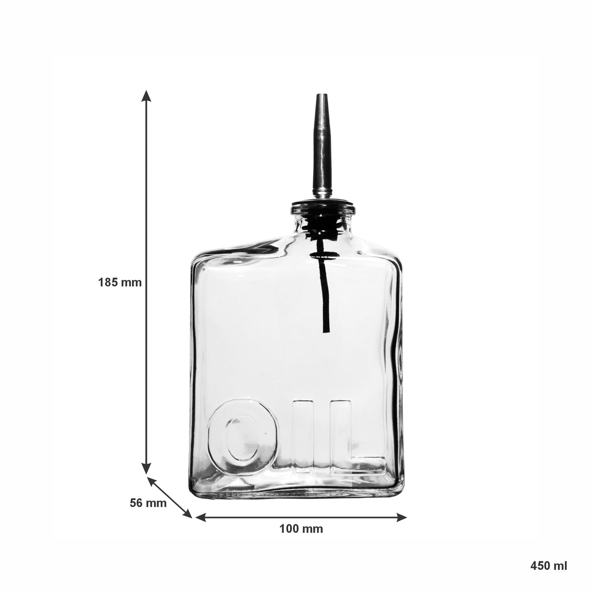 REGENT GLASS SQUARE BOTTLE EMBOSSED 'OIL'  WITH POURER EA, 450ML