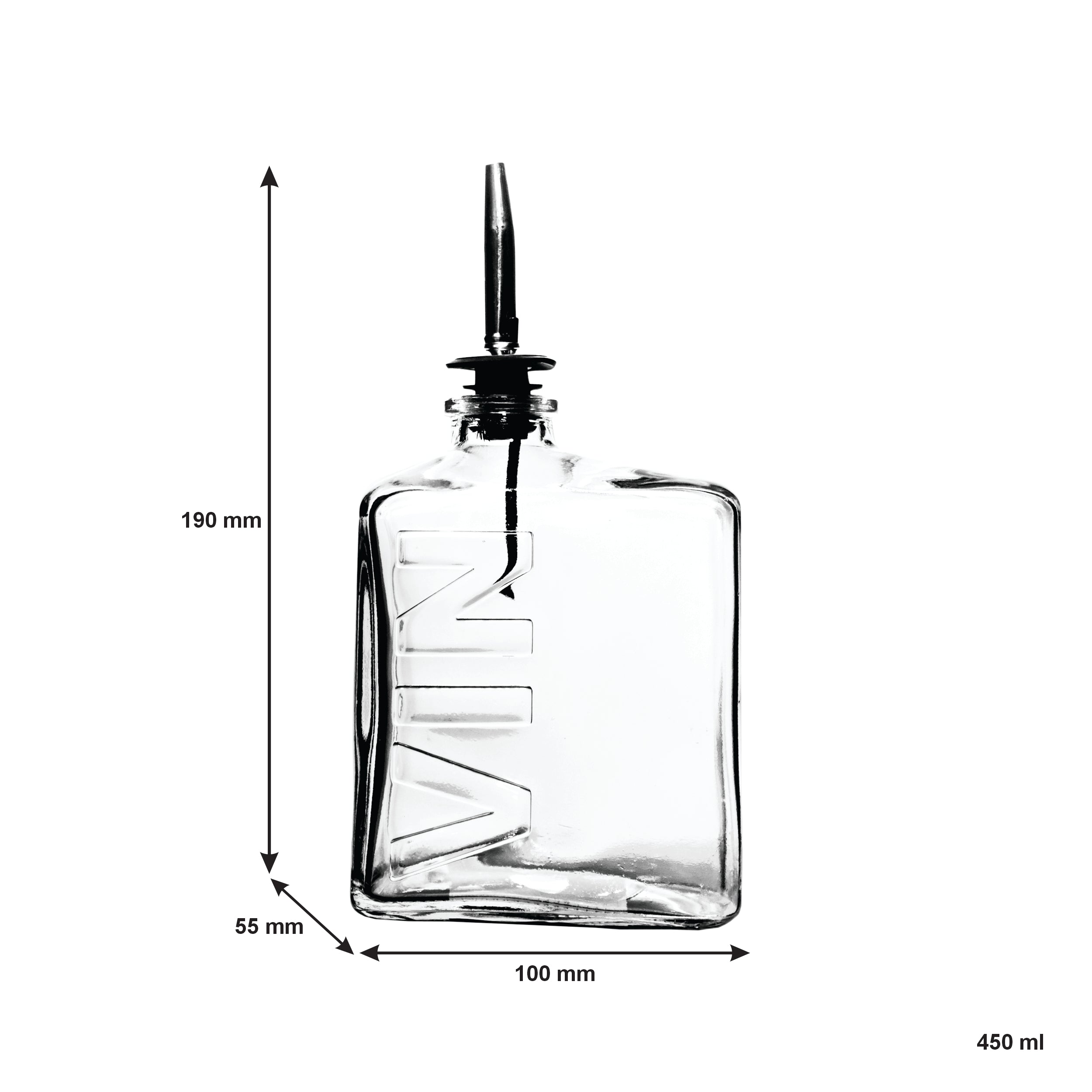 REGENT GLASS SQUARE BOTTLE EMBOSSED 'VIN' WITH POURER EA, 450ML