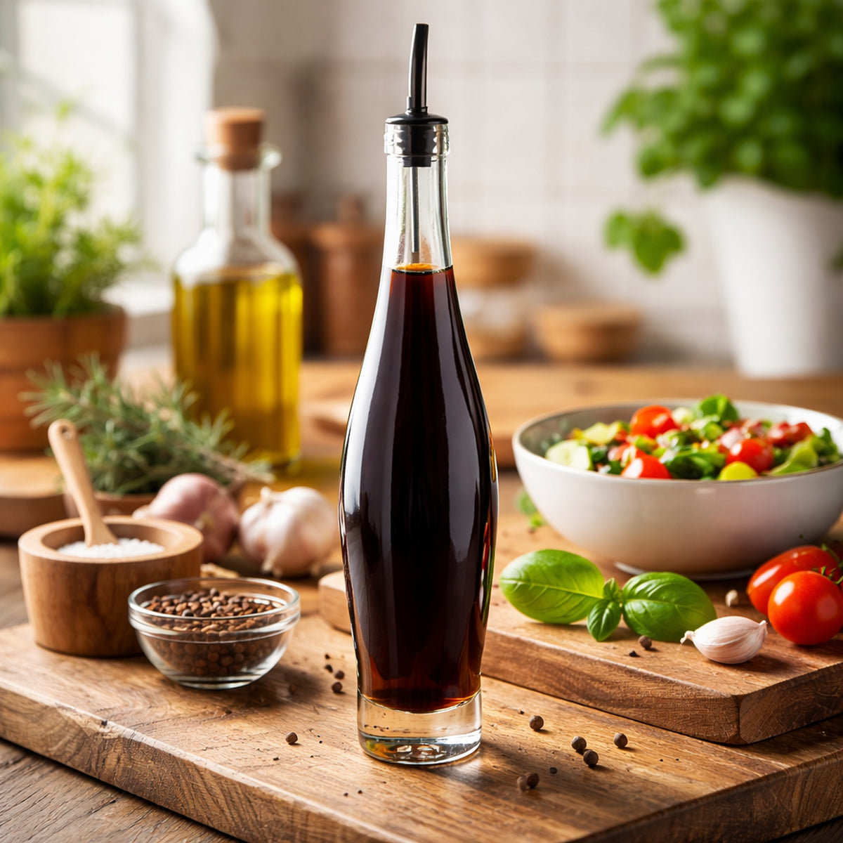 REGENT GLASS ROUND SLIM OIL/VINEGAR BOTTLE WITH HEAVY BASE AND POURER, 500ML