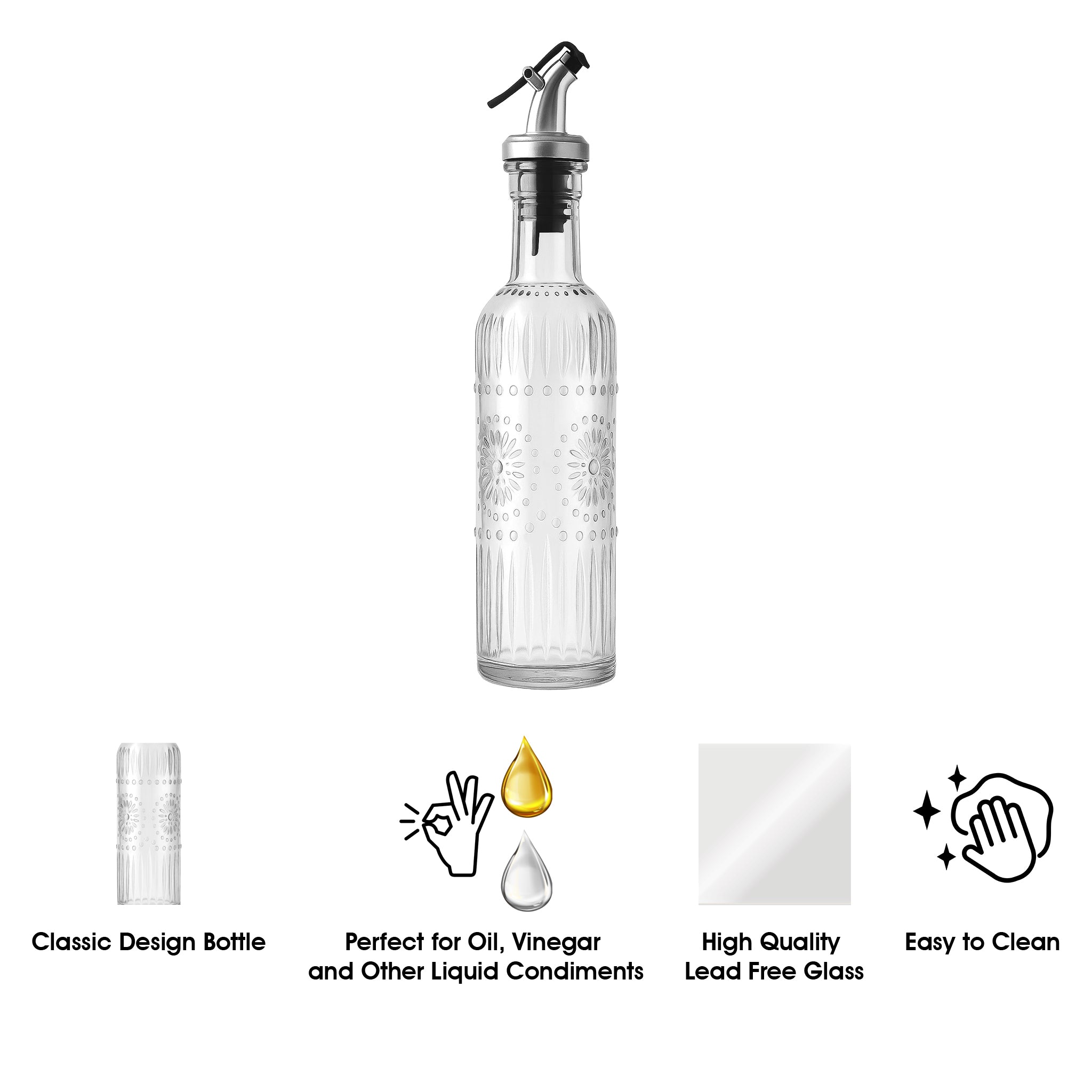REGENT EMBOSSED GLASS OIL/VINEGAR BOTTLE WITH POURER, 500ML