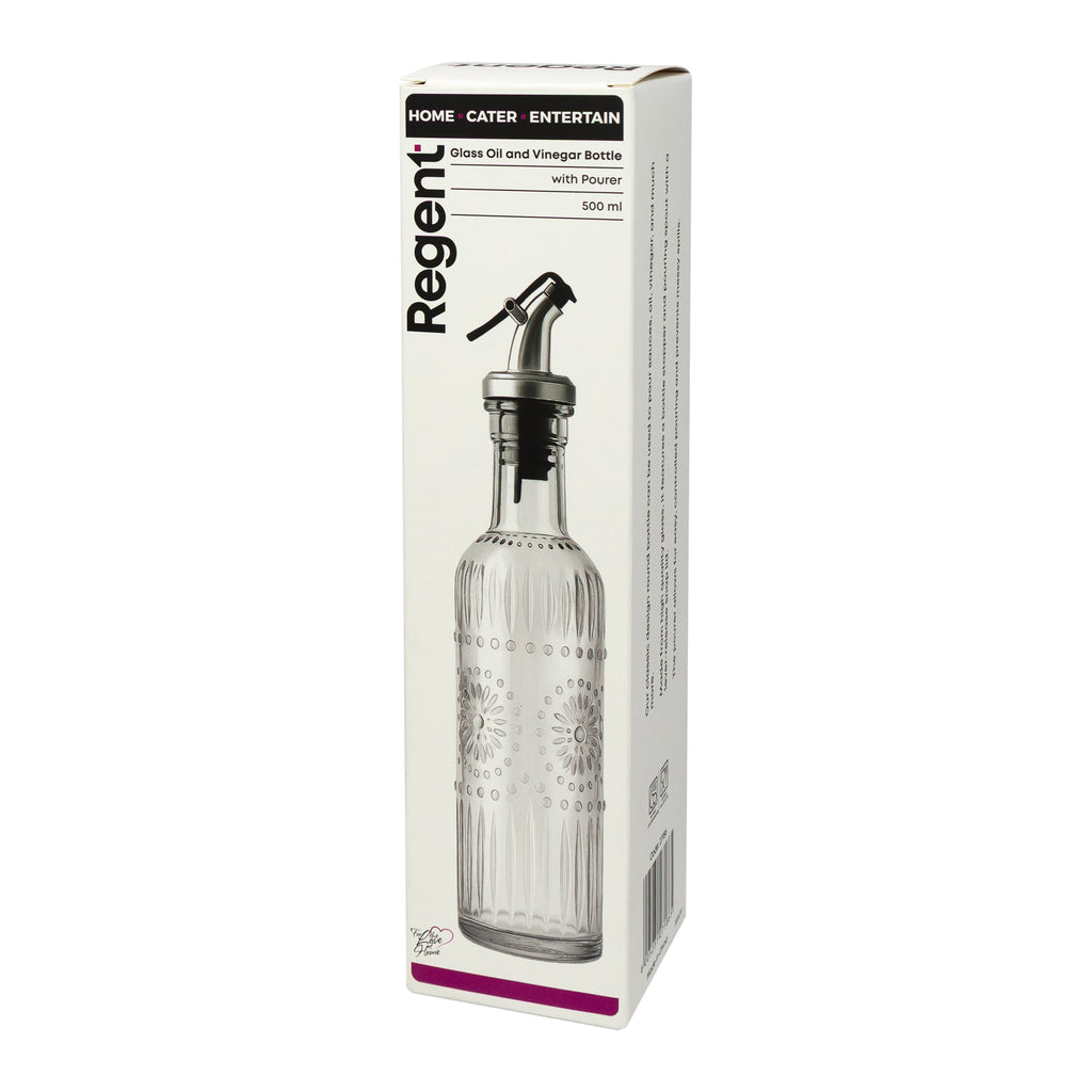 REGENT EMBOSSED GLASS OIL/VINEGAR BOTTLE WITH POURER, 500ML