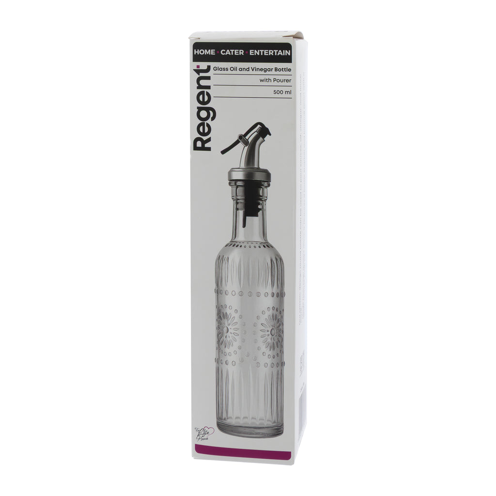 REGENT EMBOSSED GLASS OIL/VINEGAR BOTTLE WITH POURER, 500ML
